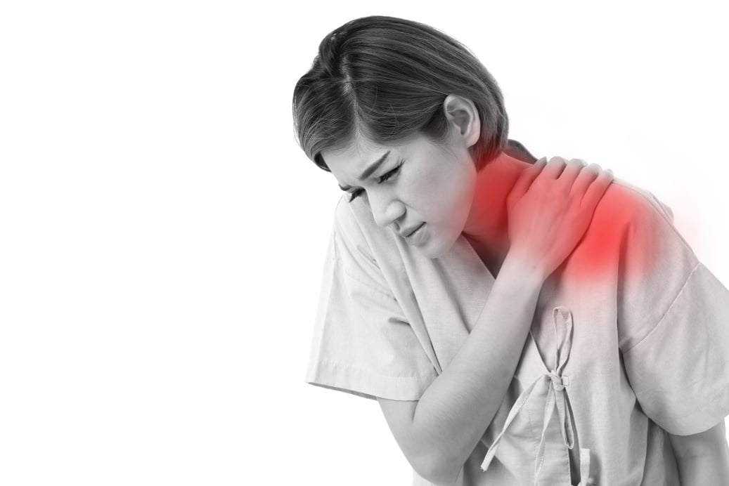 woman with shoulder or neck pain, stiffness, injury